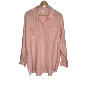 J. Jill Love Linen Long Sleeve Button Up Tunic Women XL Pink Coastal Vacation